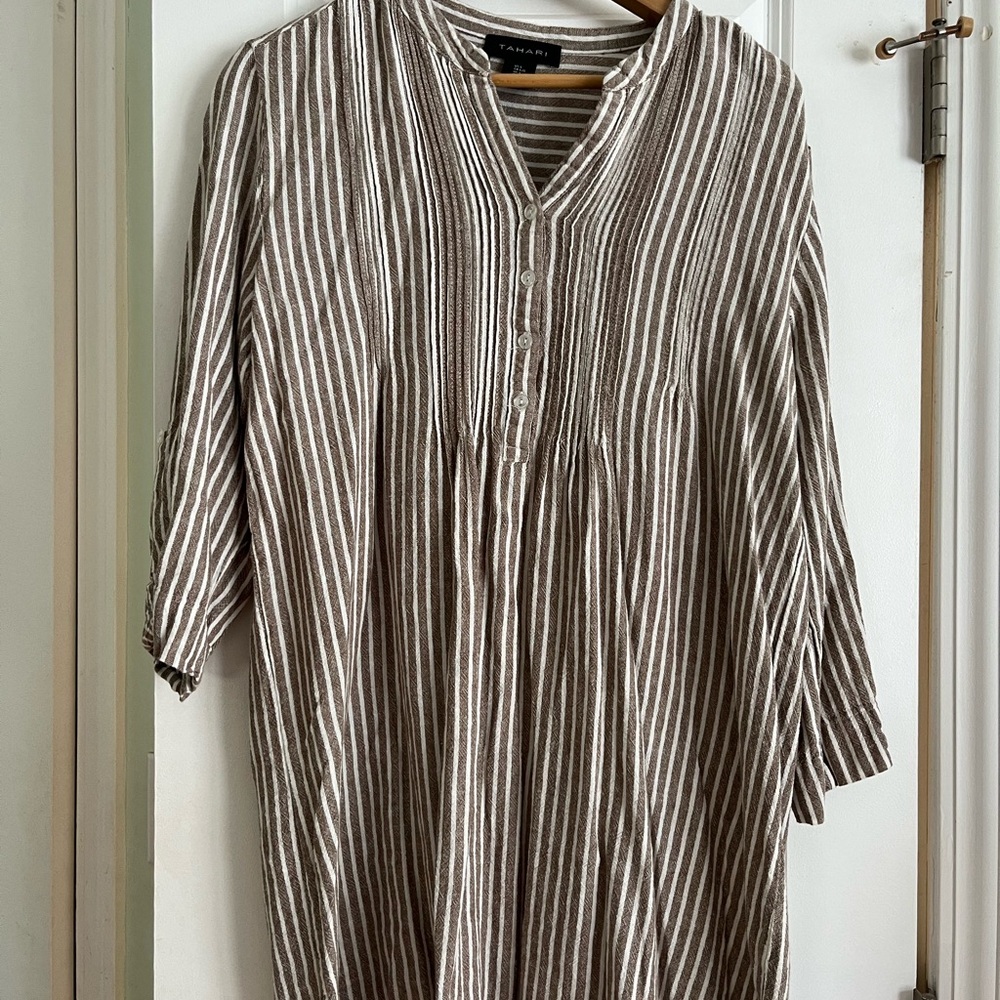 Tahari Brown and White Striped Midi Dress